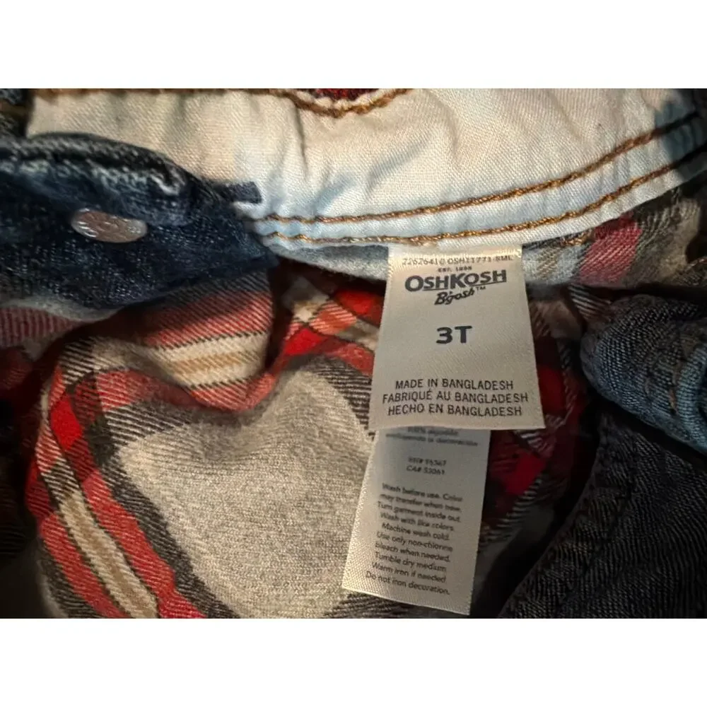 OshKosh B'gosh 3T Patchwork Denim Overalls Flannel Lined EUC